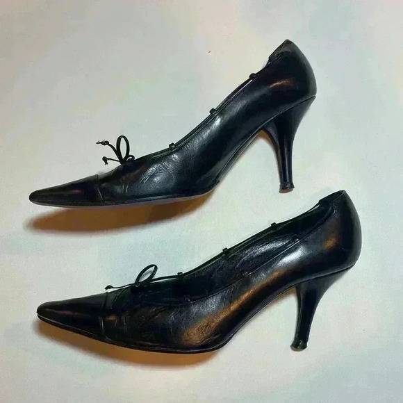 Chanel Vintage Black Pointed Square Toe Heels Bow 36 Leather Mules Gold CC Logo - Picture 6 of 13